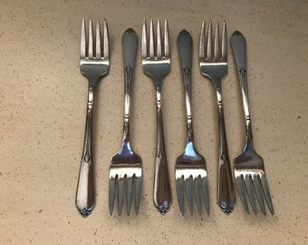 6 Inspiration Salad Forks Rogers Bros. IS Overlaid Silver Plate Flatware 6 pcs Art Deco Vintage 1933 Replacement Flatware