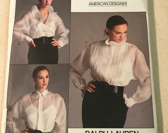 Vogue RL 3 Blouses Pattern Neckline Ruffles, Tailored w/ Pleats, Sheer w/ Camisole Size 14 Vintage American Designer Original 1987