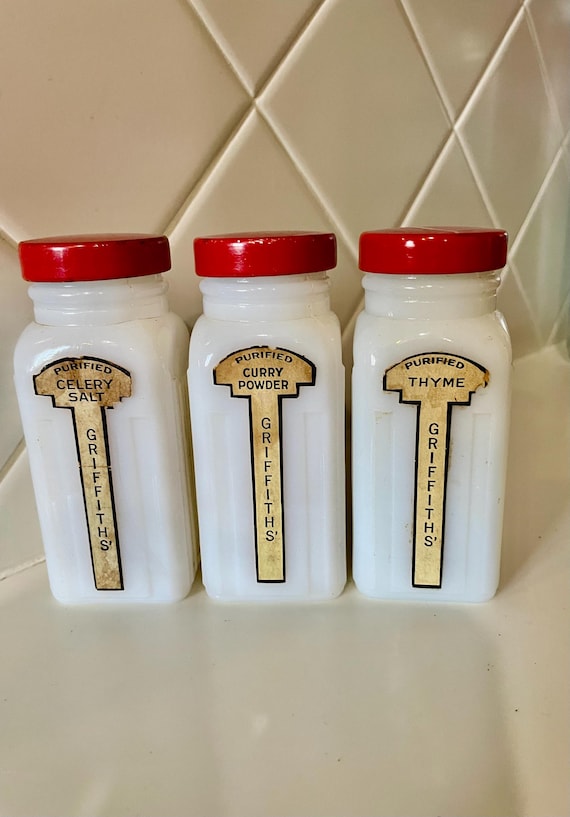 3 Milk Glass Spice Jars Griffith Labels Intact Vintage 1940s-50s