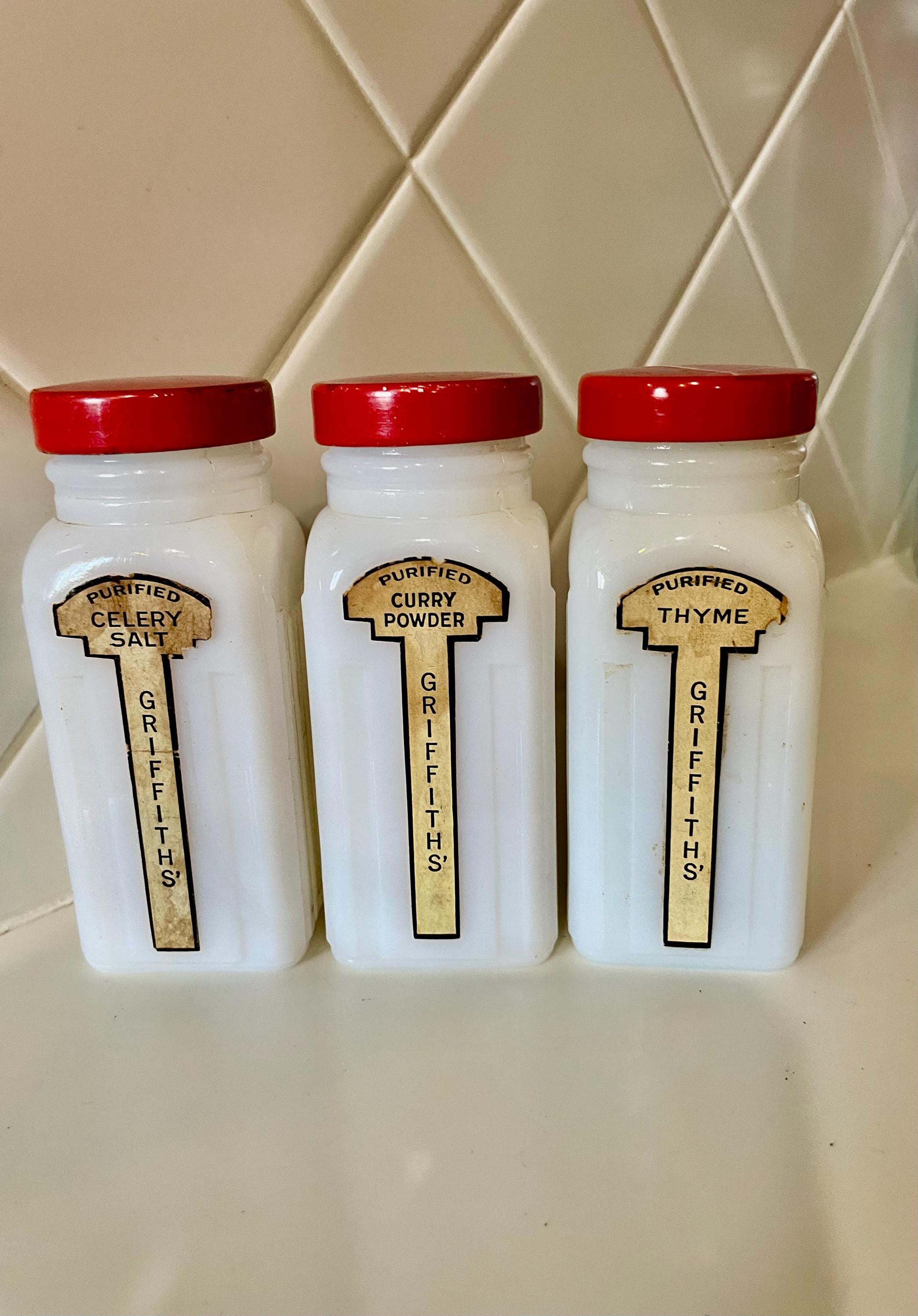 3 Milk Glass Spice Jars Griffith Labels Intact Vintage 1940s-50s