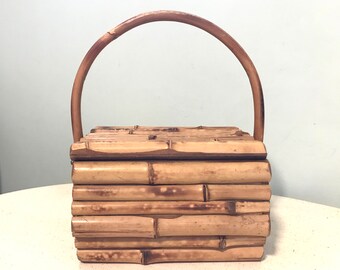 Bamboo Box Handbag  Bamboo Top, Sides, Curved Fold Down Handle Hinged Top MidCentury Vintage Preppy Boho Fashion Accessory 4 x 6.5 x 5.5"
