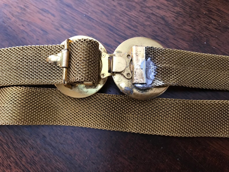 Gold Mesh Belt Rhinestone Coil Buckle Vintage 1930s-40's Adjustable to 36 inch Waist Narrow Golden Mesh Fashion Belt image 8