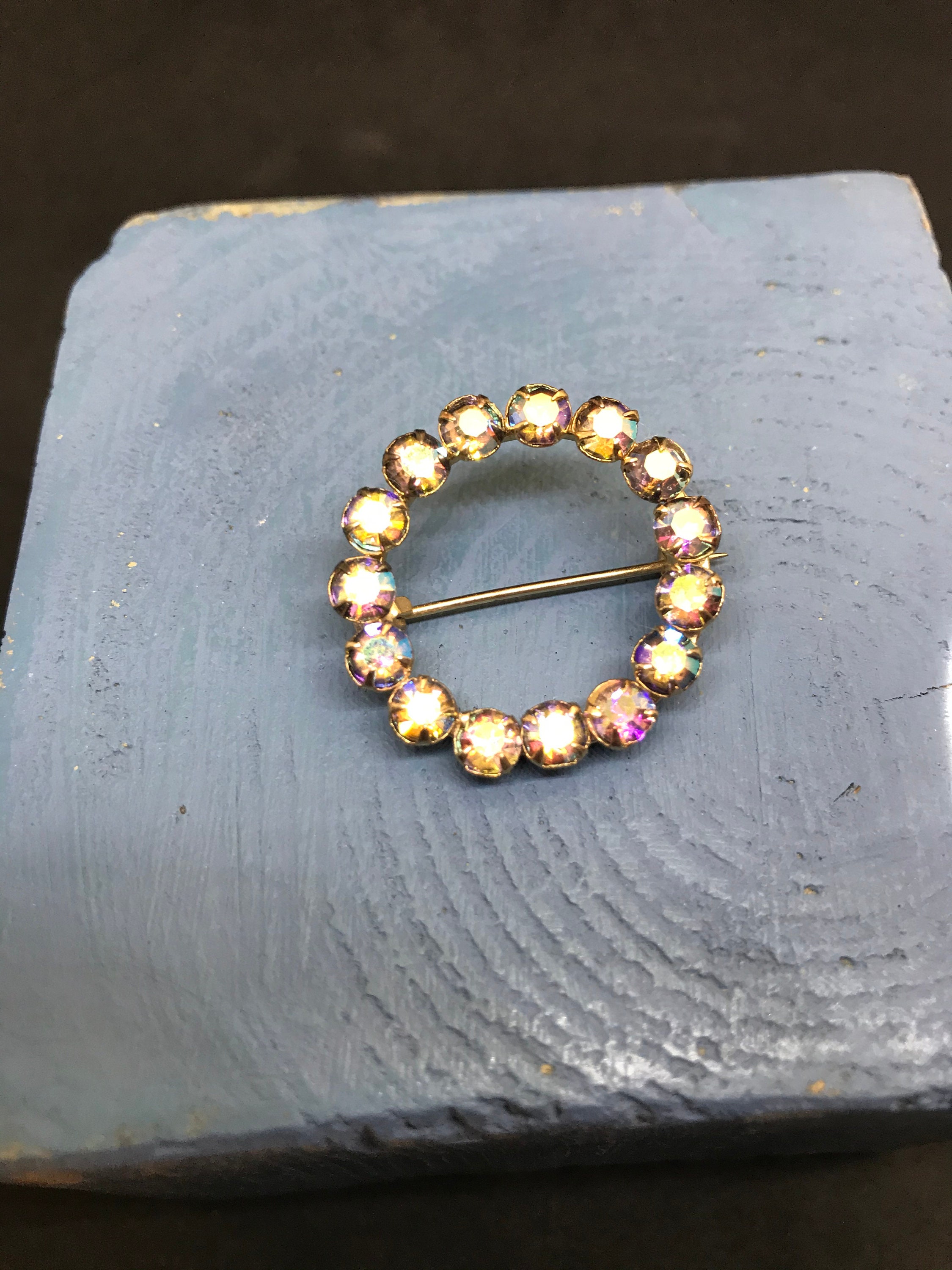 Pink AB Rhinestone Circle Brooch Glass Aurora Borealis
