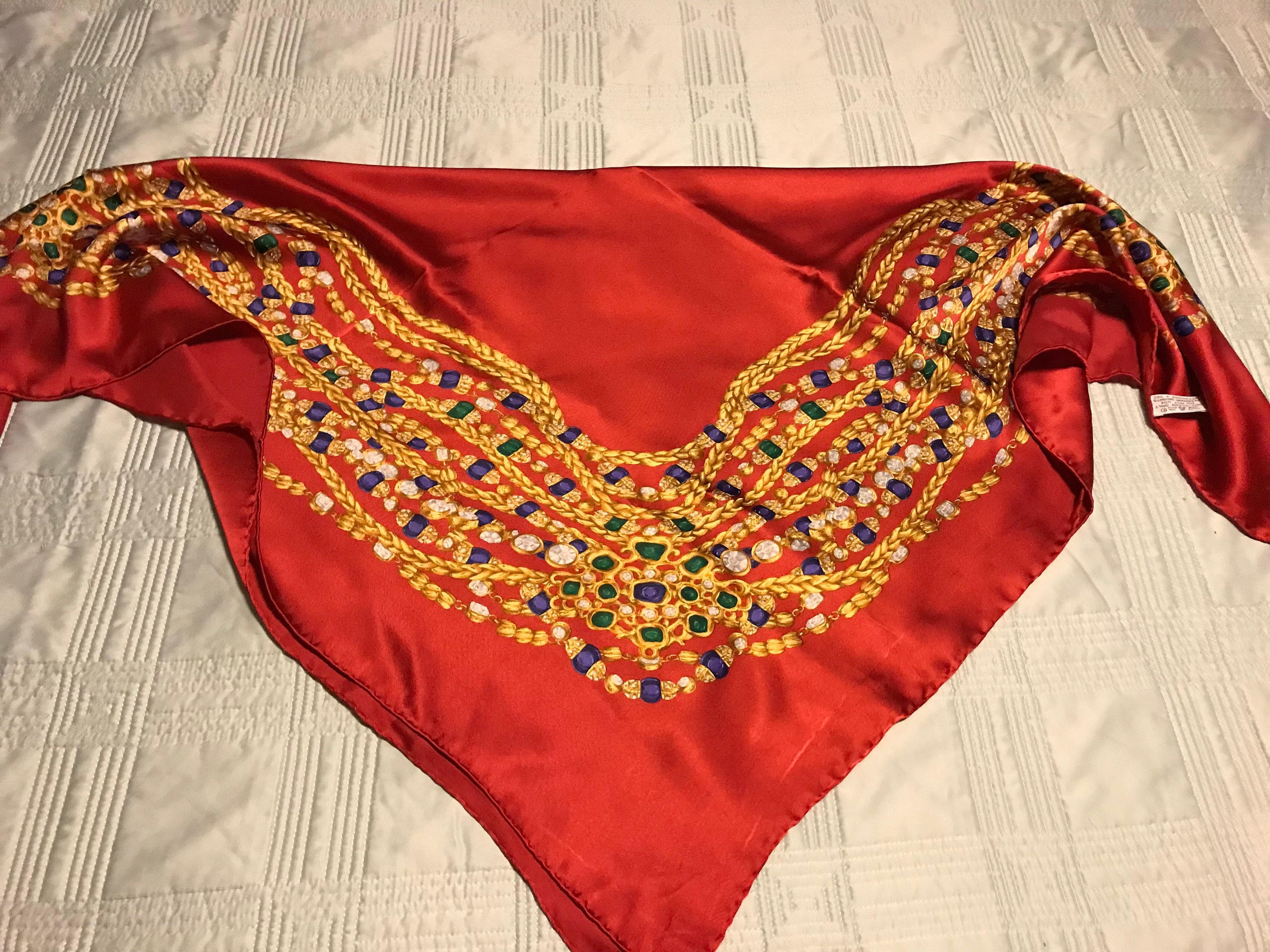 Chanel Silk Scarf Signed Red W/ Gold Chains Jewel Tone 