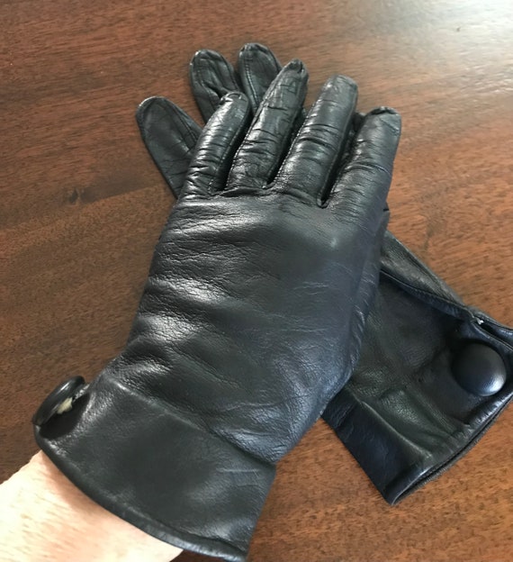 Black Leather Gloves Lined Cuff w/ Leather Accent 