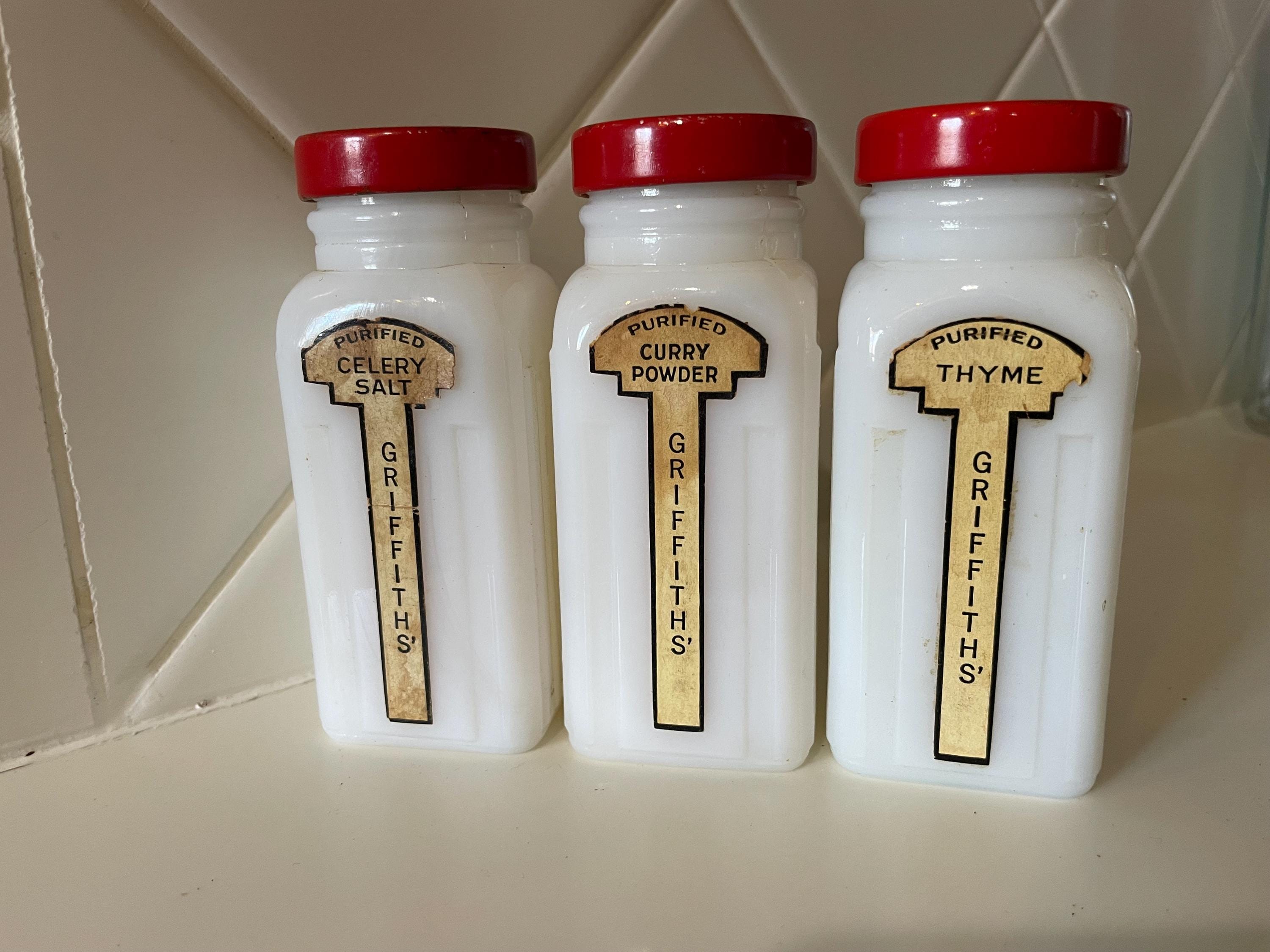 3 Milk Glass Spice Jars Griffith Labels Intact Vintage 1940s-50s
