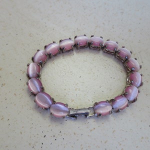 Pink Art Glass Link Bracelet Givre Pink White Oval Cabochon Stones Silver Finish 1970's Mid Century Avon Vintage Style .5 x 7.5 inches image 3