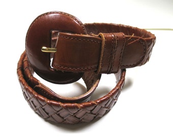 Braided Brown Leather Belt Covered Round Buckle Size Large 39 inches Mahogany Color Leather Vintage 1980s Bohemian Jeans Belt