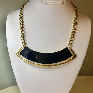 Monet Choker Necklace Black Enamel Curved Bar Panel w/ Openwork Gold Frame Pendant Vintage 1980's Fashion Gold Curb Chain Necklace 18 inches image 1