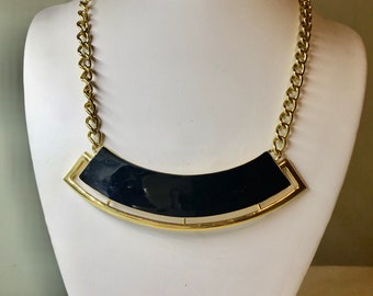 Monet Choker Necklace Black Enamel Curved Bar Panel w/ Openwork Gold Frame Pendant Vintage 1980's Fashion Gold Curb Chain Necklace 18 inches