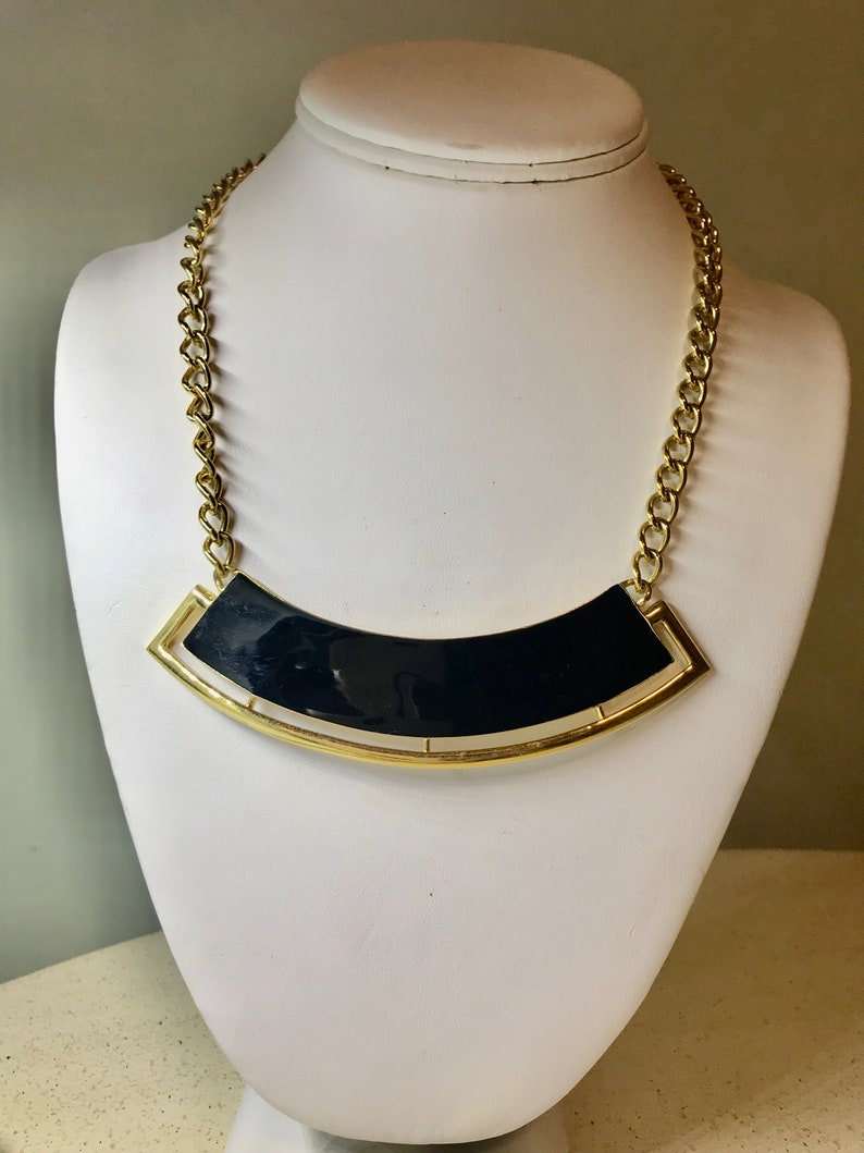 Monet Choker Necklace Black Enamel Curved Bar Panel w/ Openwork Gold Frame Pendant Vintage 1980's Fashion Gold Curb Chain Necklace 18 inches image 1