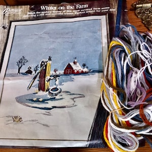 Paragon Crewel Kit Winter on the Farm Picture Old Wooden Well w/ Farmhouse, Red Barn 16&quot; x 20&quot; Blue Homespun Fabric Orlon Yarn Vintage 1970s