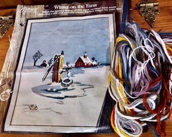Crewel Kit Winter on the Farm Picture Old Wooden Well w/ Farmhouse, Red Barn 16" x 20" Blue Homespun Fabric Orlon Yarn Vintage 1970s