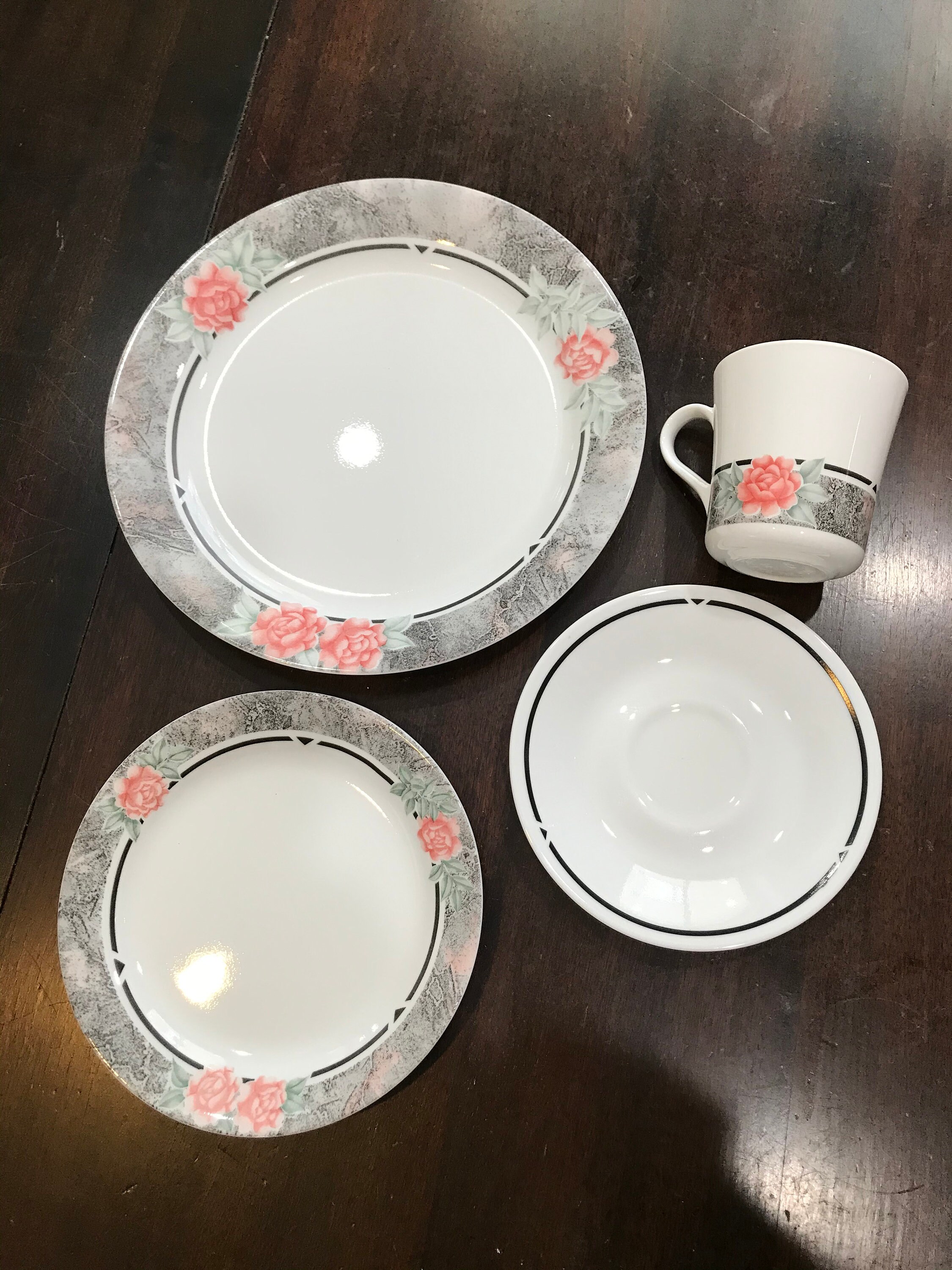Corelle Silk and Roses 4 Pc Place Setting Gray Band Pink Roses Etsy