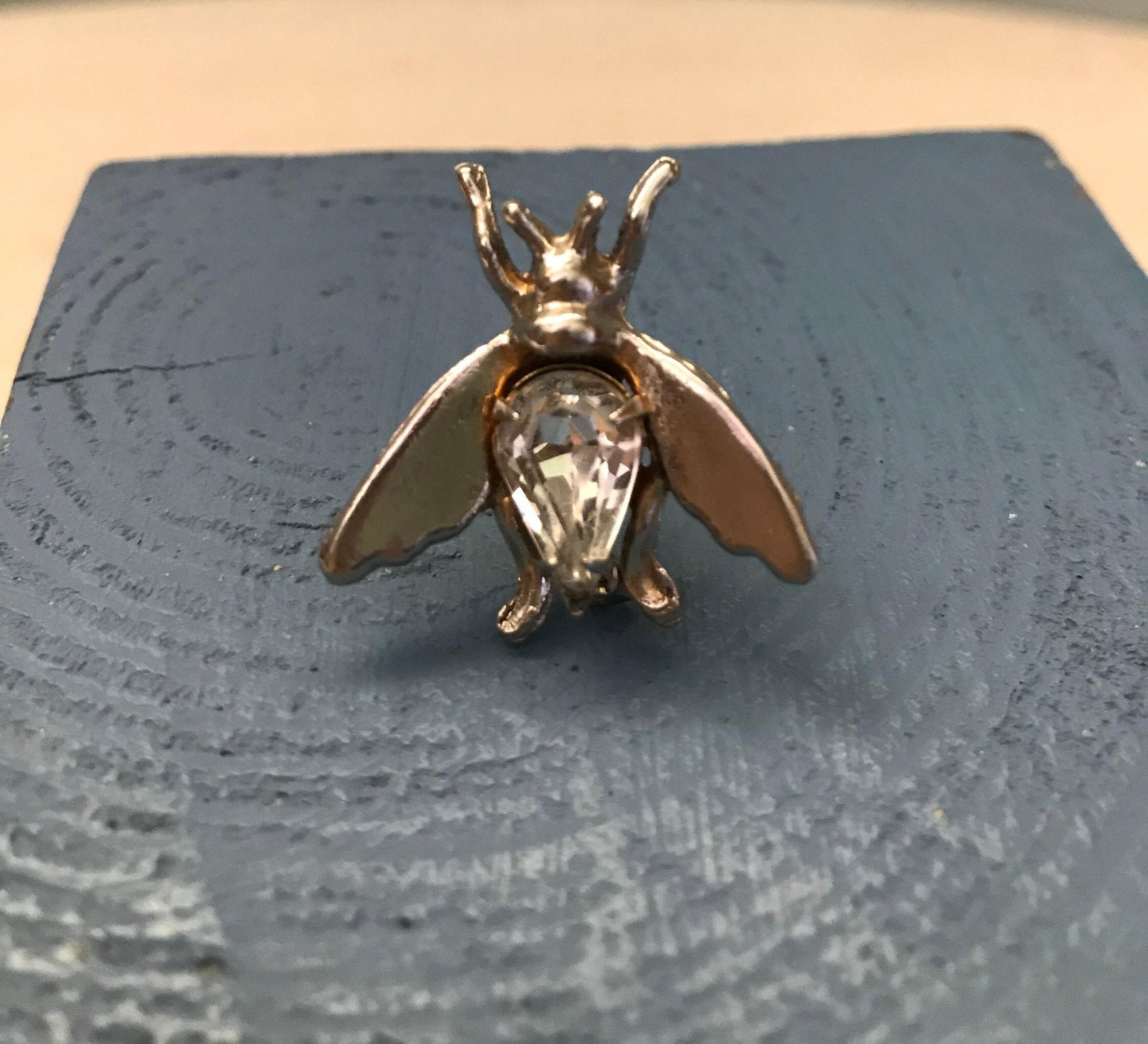Rhinestone Bee Bug Brooch Gold Tone Large Marquis Rhinestone