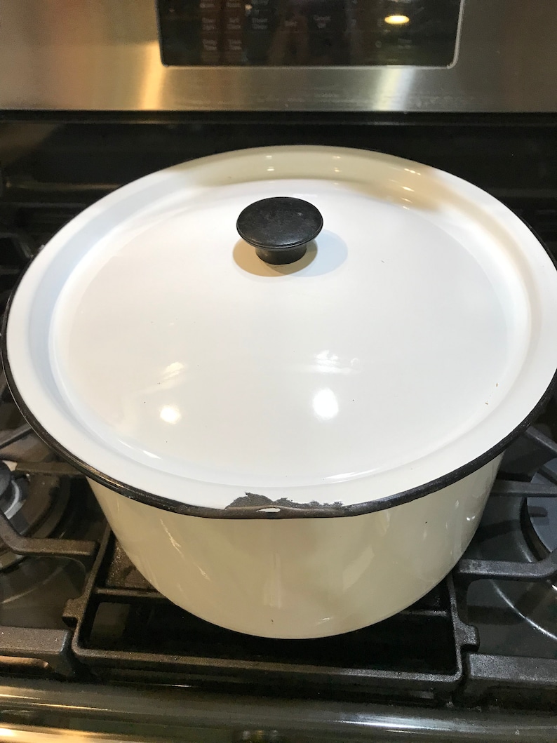 White Enamel Stock Pot W/ Black Trim Matching Lid Large Soup Etsy