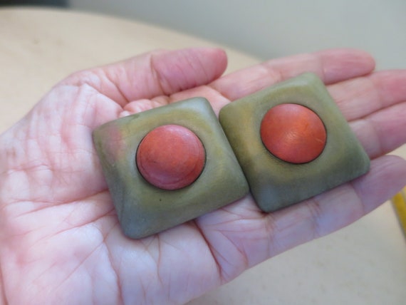 Green Brown Wood Earrings Domed Square Button Cen… - image 8