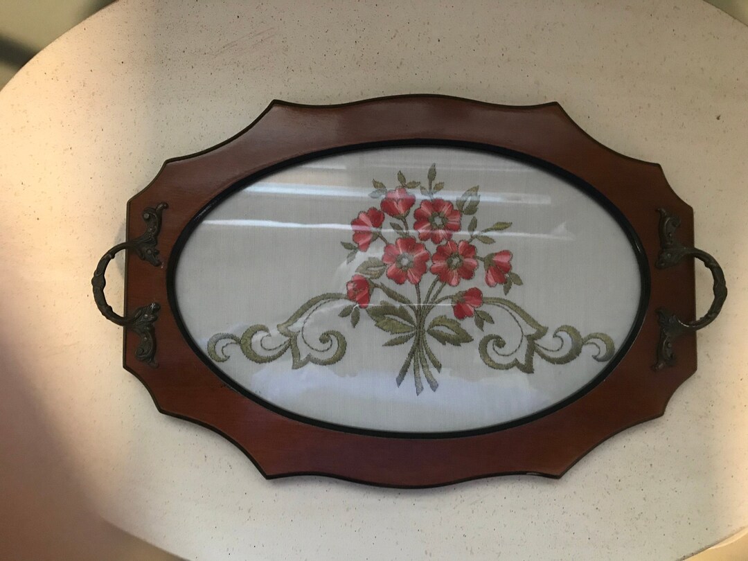 Wood Tray Glass Top Floral Bouquet Embroidery Inset Handled Etsy