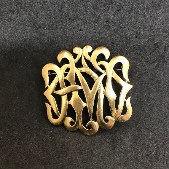 M. Jent Gold Monogram Style Brooch Intertwined Ri… - image 1