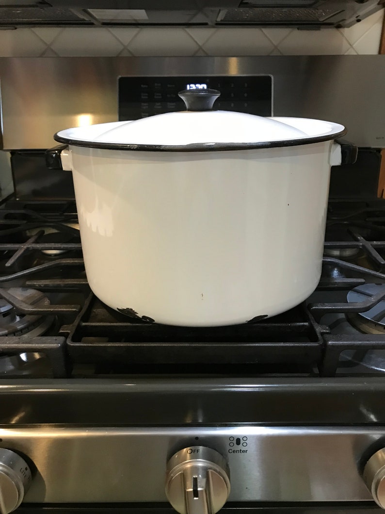 White Enamel Stock Pot W/ Black Trim Matching Lid Large Soup Etsy