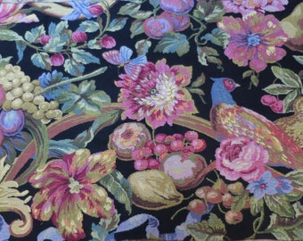 NOS Designer Jacquard Tapestry Fabric Panel Bird Fruit Flowers Black Ground Vintage 1990s 52x35 inch