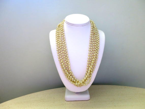 6 Strand Necklace Cream Opalescent Plastic Beads Silver Cap Bead Clasp Vintage 1960's Fashion Necklace 23.5 inch length