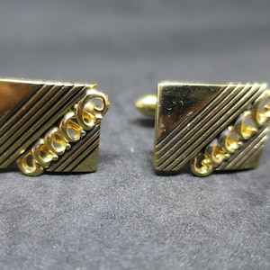 Swank Gold Cuff Links Diagonal Open Loops Engraved Lines Swivel Bar Backs 1960&#39;s MidCentury Vintage Mens Suit Accessory Fashion Jewelry