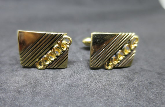 Swank Gold Cuff Links Diagonal Open Loops Engrave… - image 1