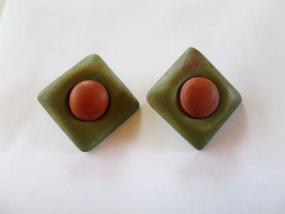 Green Brown Wood Earrings Domed Square Button Cen… - image 2