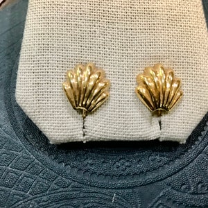 May include: A pair of gold-toned shell-shaped earrings. The earrings are on a white fabric background.