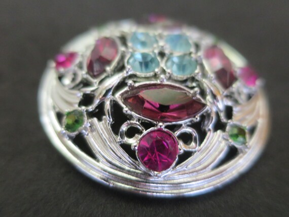 Round Domed Gem Brooch Glass Amethyst Emeralds Sa… - image 4