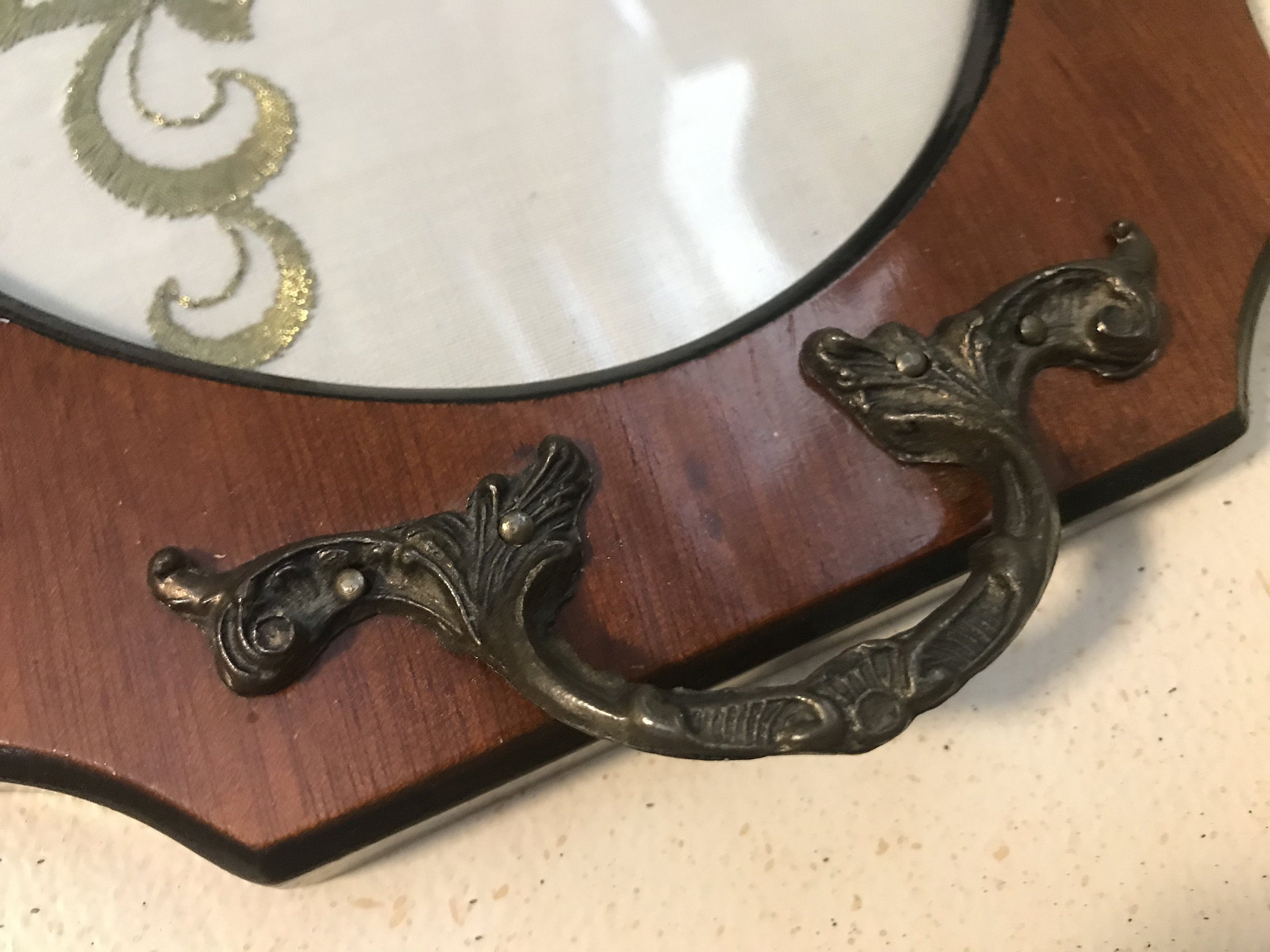 Wood Tray Glass Top Floral Bouquet Embroidery Inset Handled Etsy