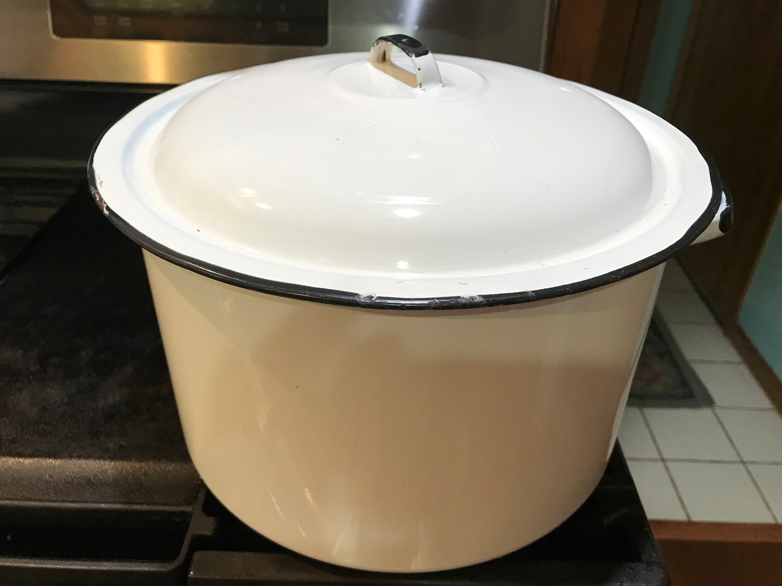 White Enamel Stock Pot 2 Gallon Black Trim Domed Lid Large 8 Etsy