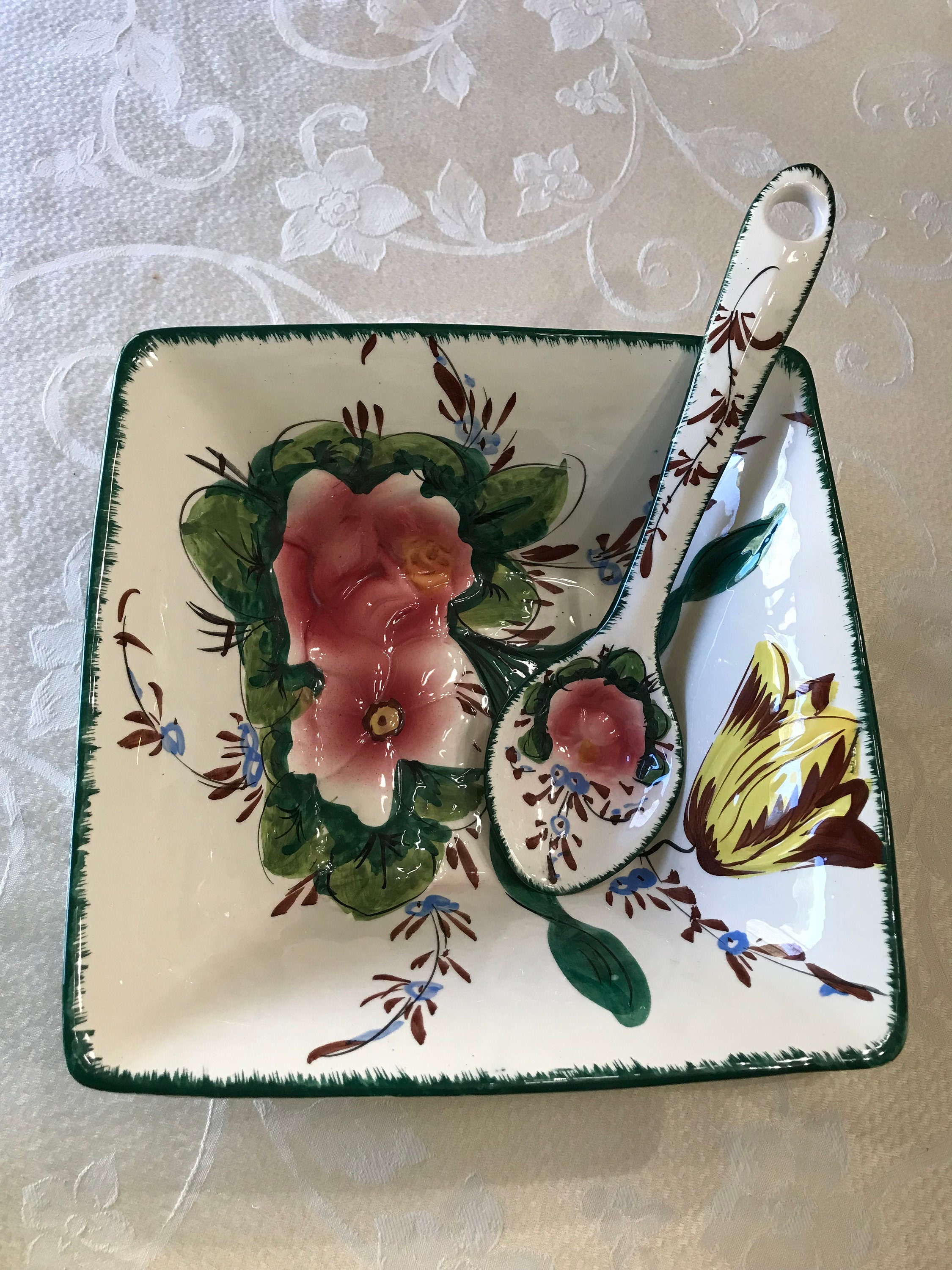 Italy Salad Bowl Set Hand Painted Vintage 1950's Pink Roses Green