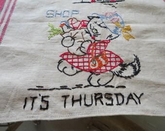 Kitten Kitchen Towel Shop It's Thursday Day of Week Towel Hand Embroidery Linen Cotton 1950's Vintage Red Stripe Border 15 x 24 inches