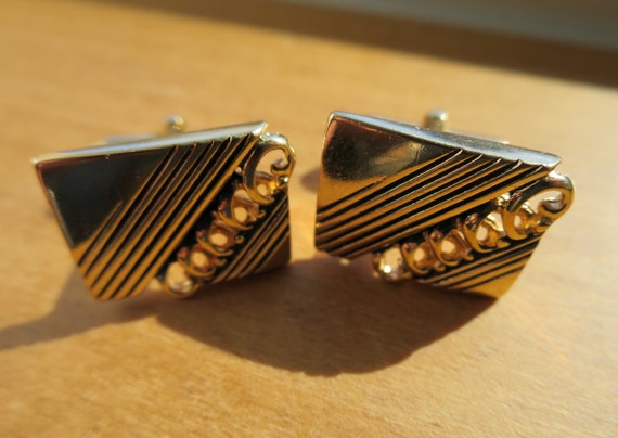 Swank Gold Cuff Links Diagonal Open Loops Engrave… - image 7