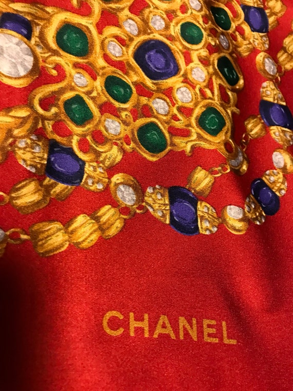 Chanel Silk Scarf Signed Red W/ Gold Chains, Jewel Tone Diamond