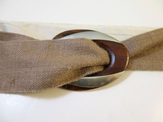 Taupe Brown Silk Cinch Belt Oval Silver Stripe Wo… - image 4