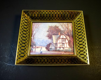 Thatched Cottage Foil Picture Hollywood Regency Brass Frame Vintage 1950s Small Gallery Wall Picture 7 x 6 inches