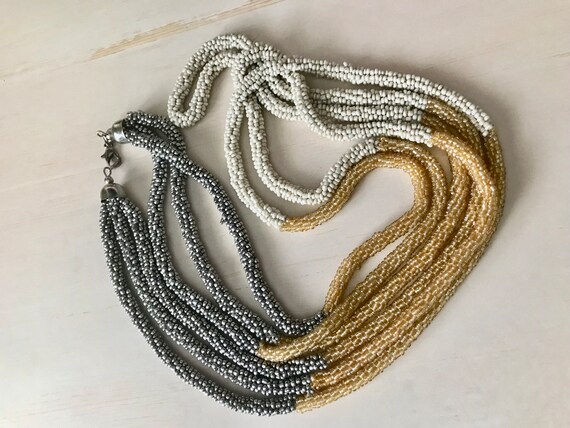 Seed Bead Necklace Gold, Silver, Beige, Triple St… - image 2