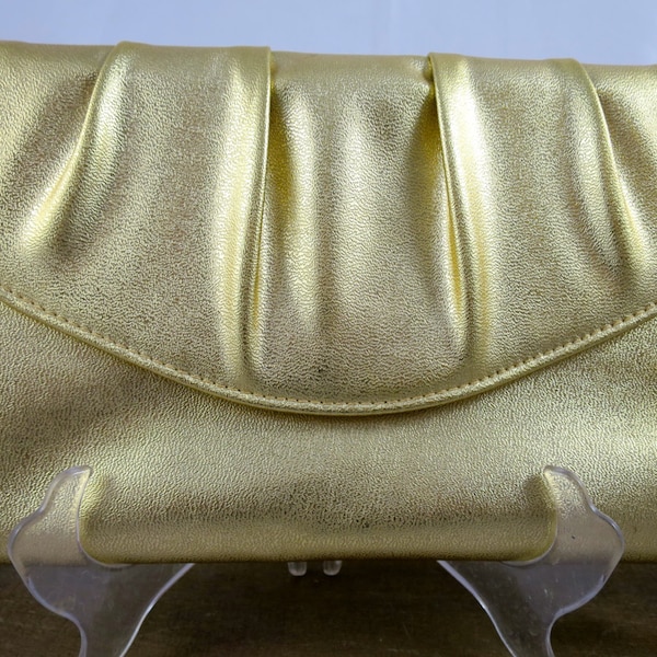 Gold Lame Clutch Handtasche Soft Vinyl Plissee Umschlag Avon Marke w / Box Vintage 1960er Jahre Formelle Abschlussball Hochzeit Abendtasche 18 x 4,5 Zoll