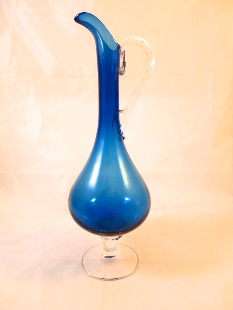 Vintage Blue Art Glass Pitcher Vase Hand Blown Italian Glass Etsy