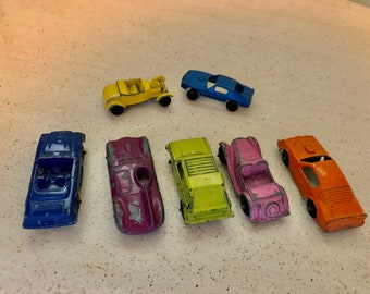 5 Tootsie Toy Cars Jaguar Racer, Rabbit, M. G. Roadster, Mercedes, Firebird + 2 Cars Vintage Die Cast Metal Car Collection Vintage 1960s