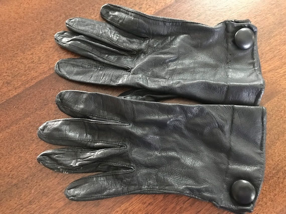 Black Leather Gloves Lined Cuff w/ Leather Accent… - image 2