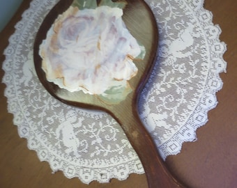 Wood Hand Mirror Rose Decoupage Gilt Paint Accents Hand Mirror 11.5 x 5 3/4  inches Vintage Vanity Mirror Personal Mirror Boudoir Mirror