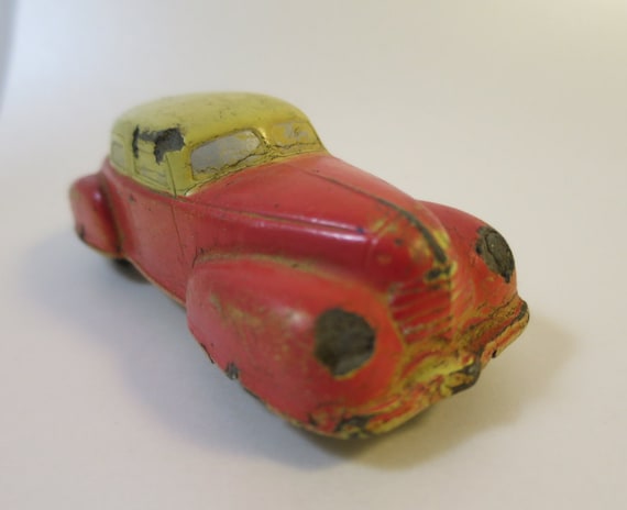 Sun Rubber Toy Car 1930 S Limo Sedan Suicide Doors Red Yellow 2 Tone Body Original Paint 4 X 1 3 4 Inches Old Vintage Toy Car Collectible