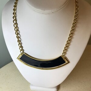 Monet Choker Necklace Black Enamel Curved Bar Panel w/ Openwork Gold Frame Pendant Vintage 1980's Fashion Gold Curb Chain Necklace 18 inches image 2