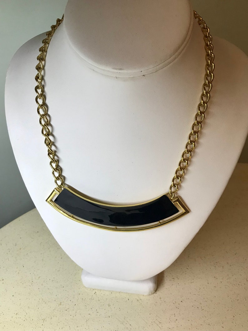 Monet Choker Necklace Black Enamel Curved Bar Panel w/ Openwork Gold Frame Pendant Vintage 1980's Fashion Gold Curb Chain Necklace 18 inches image 2