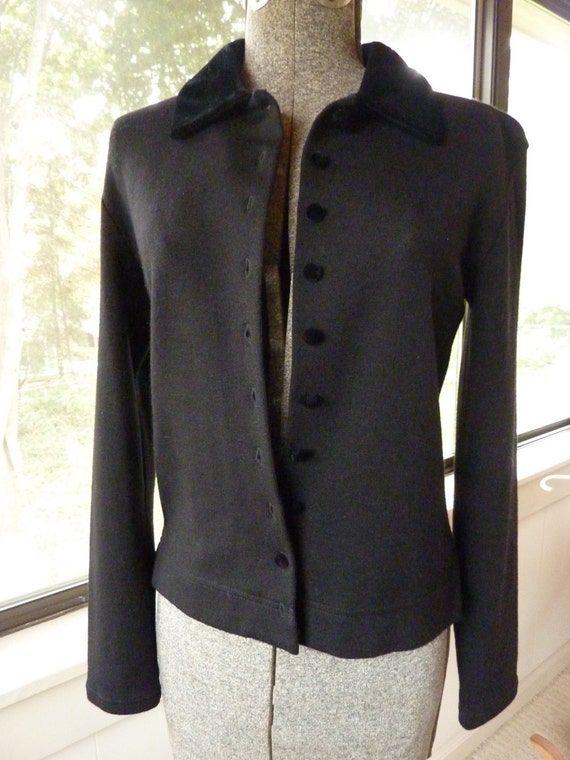 Black Cardigan Knit Top Velvet Collar Buttons Size Small Ann | Etsy