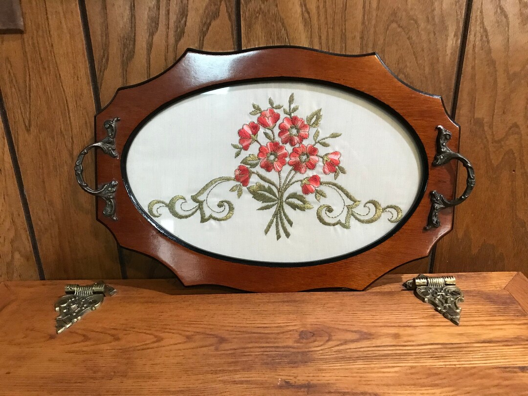 Wood Tray Glass Top Floral Bouquet Embroidery Inset Vintage 1960s Greek